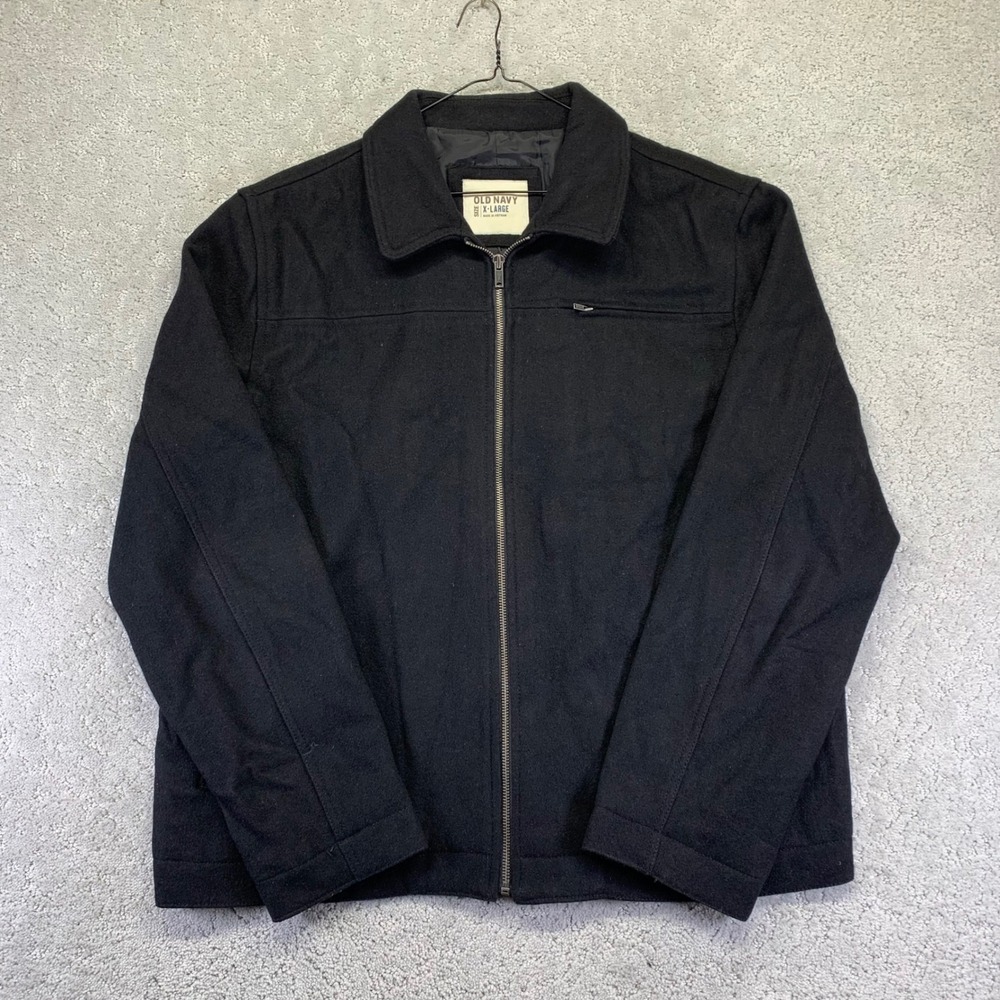 Old Navy Wool Bled Jacket Mens‎ XL Black Recycled Wool Detroit Bomber Harrington